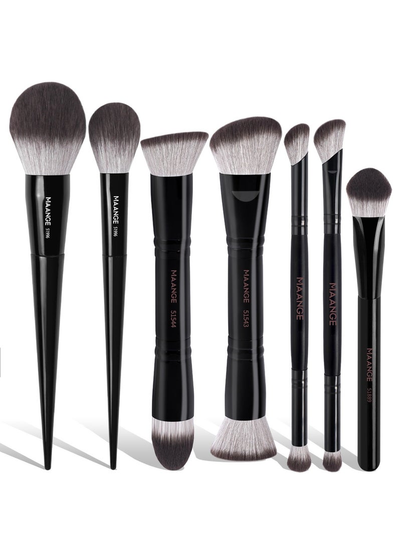 MAANGE 7 قطع فرش مكياج، فرشاة بودرة، فرشاة أحمر خدود، فرش مكياج متعددة الأسطح مزدوجة النهاية لخلط سائل البودرة، خافي العيوب، كريم أحمر خدود، أسود - Image 1