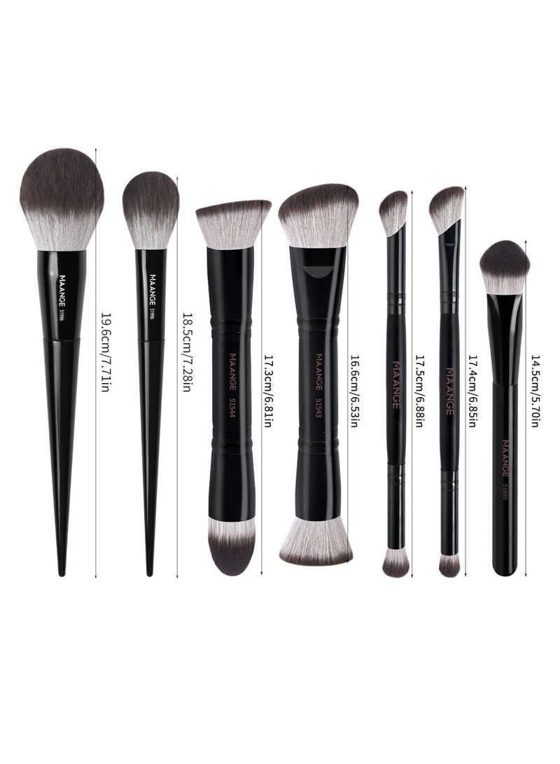 MAANGE 7 قطع فرش مكياج، فرشاة بودرة، فرشاة أحمر خدود، فرش مكياج متعددة الأسطح مزدوجة النهاية لخلط سائل البودرة، خافي العيوب، كريم أحمر خدود، أسود - Image 2