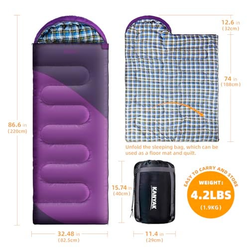 Kanyak Camping Sleeping Bag, 32℉ Sleeping Bags for Adults Kids Teens Cold Weather Warm Sleeping Bag Winter for 3-4 Season Camping, Camping Gear Equipment, Traveling, and Outdoors (Eggplant & Black) - Image 2