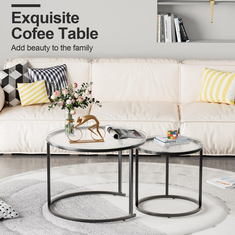 aboxoo Gold Nesting Coffee Table Set of 2, Small Glass Round Nesting Tables for Living Room Bedroom, Accent Tea Table with Black Metal Frame Modern Industrial Simple - Image 5