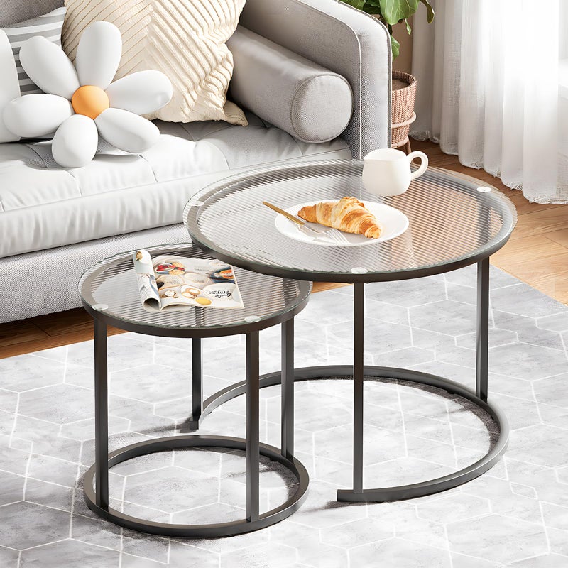 aboxoo Gold Nesting Coffee Table Set of 2, Small Glass Round Nesting Tables for Living Room Bedroom, Accent Tea Table with Black Metal Frame Modern Industrial Simple - Image 1