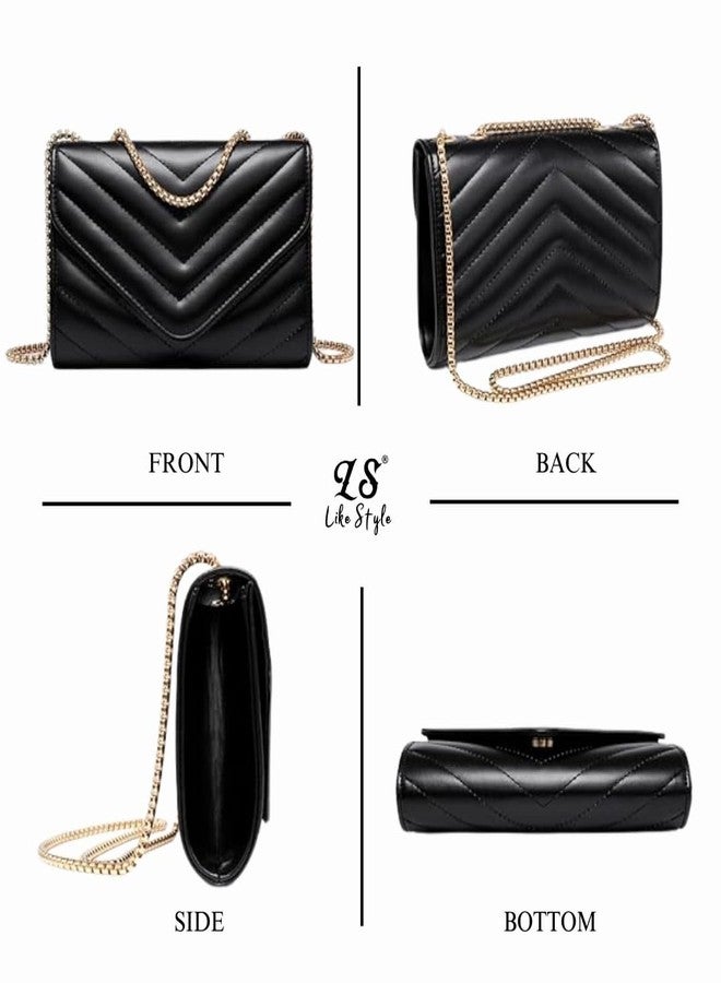 LIKE STYLE Designer Quilted Sling Bag for Women | Sleek Crossbody with Metallic Chain Strap (Black) - Image 4