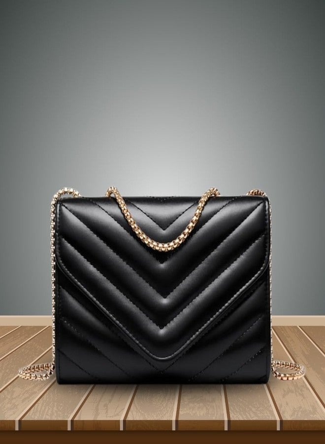 LIKE STYLE Designer Quilted Sling Bag for Women | Sleek Crossbody with Metallic Chain Strap (Black) - Image 2