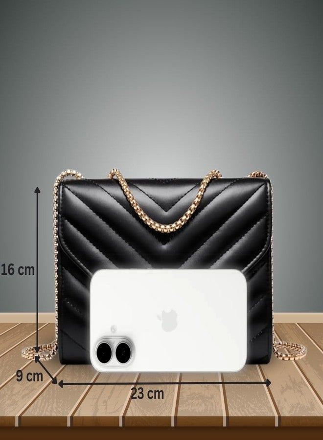 LIKE STYLE Designer Quilted Sling Bag for Women | Sleek Crossbody with Metallic Chain Strap (Black) - Image 5