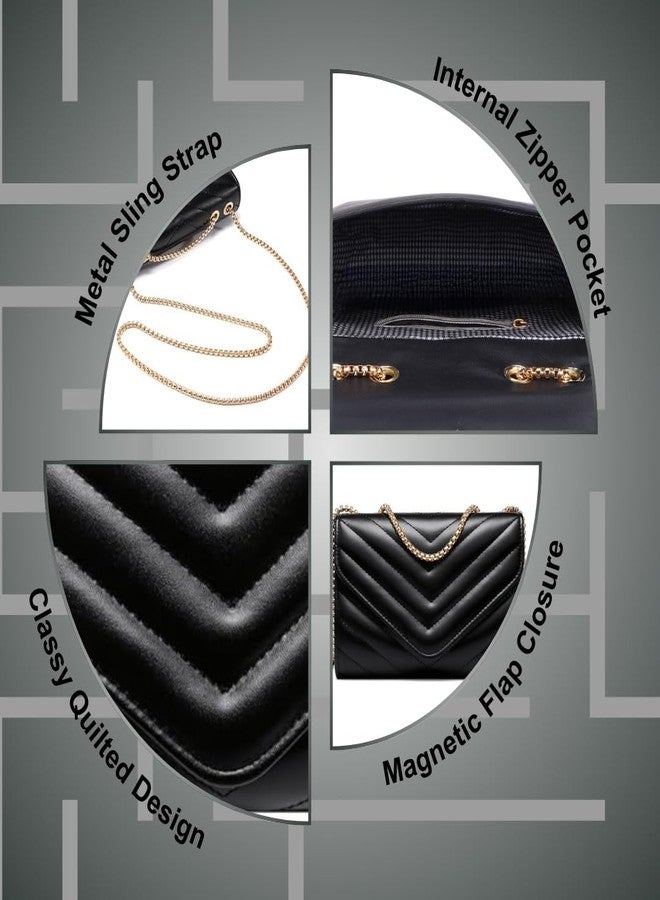 LIKE STYLE Designer Quilted Sling Bag for Women | Sleek Crossbody with Metallic Chain Strap (Black) - Image 3