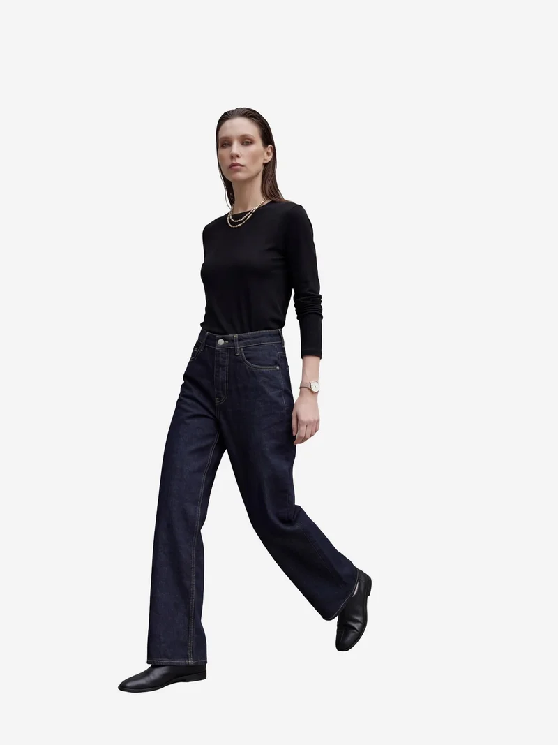 MY FASHION Navy Blue MY FASHION High Waist Straight Leg Denim Pants for Women | Best Price UAE
