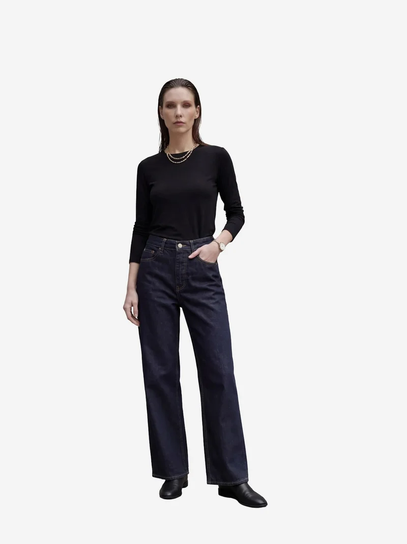 MY FASHION Navy Blue MY FASHION High Waist Straight Leg Denim Pants for Women | Best Price UAE