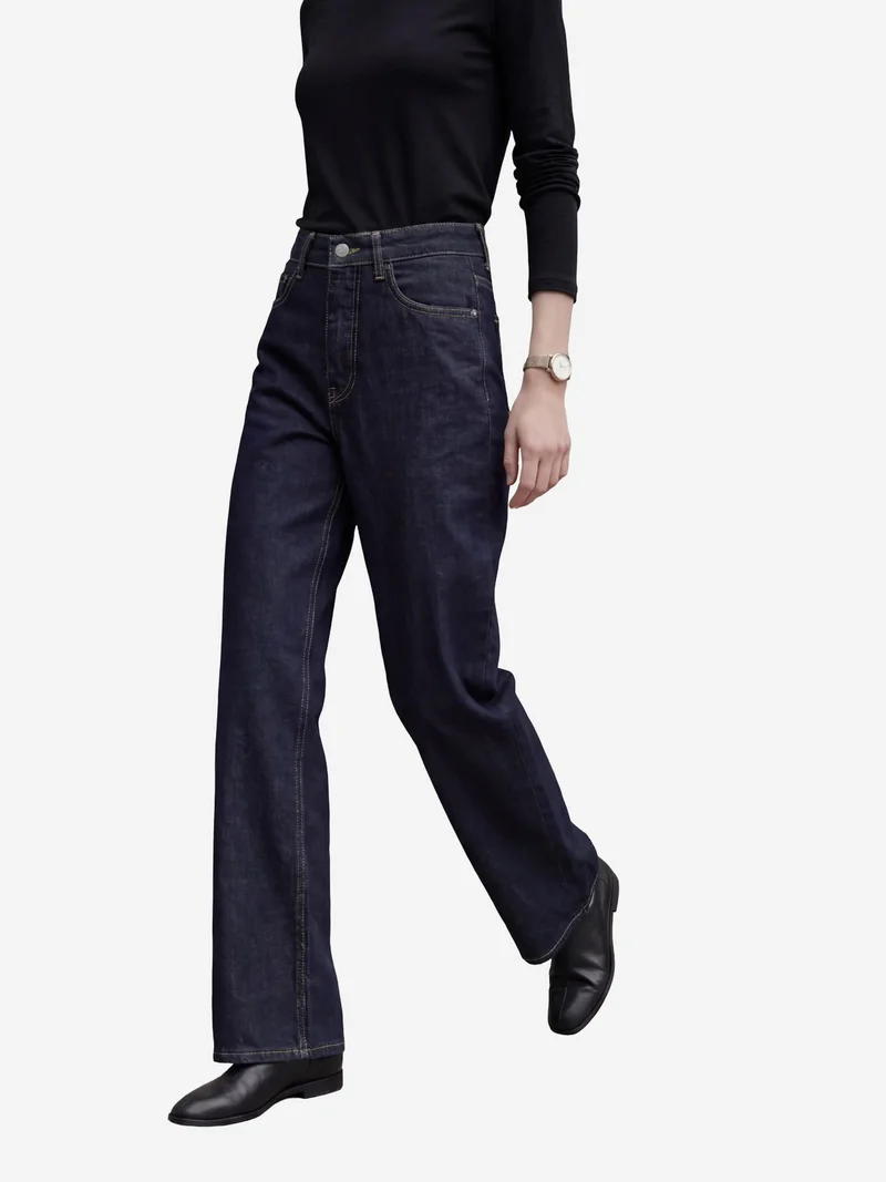 MY FASHION Navy Blue MY FASHION High Waist Straight Leg Denim Pants for Women | Best Price UAE