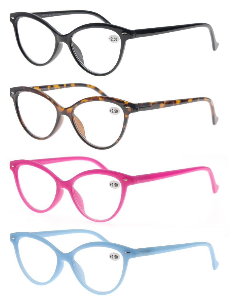MODFANS Women Reading Glasses 10 4 Pack Fashion Colors Cat Eye Readers for Ladies Compact Spring Hinge Lightweight Frame Includes Pocket