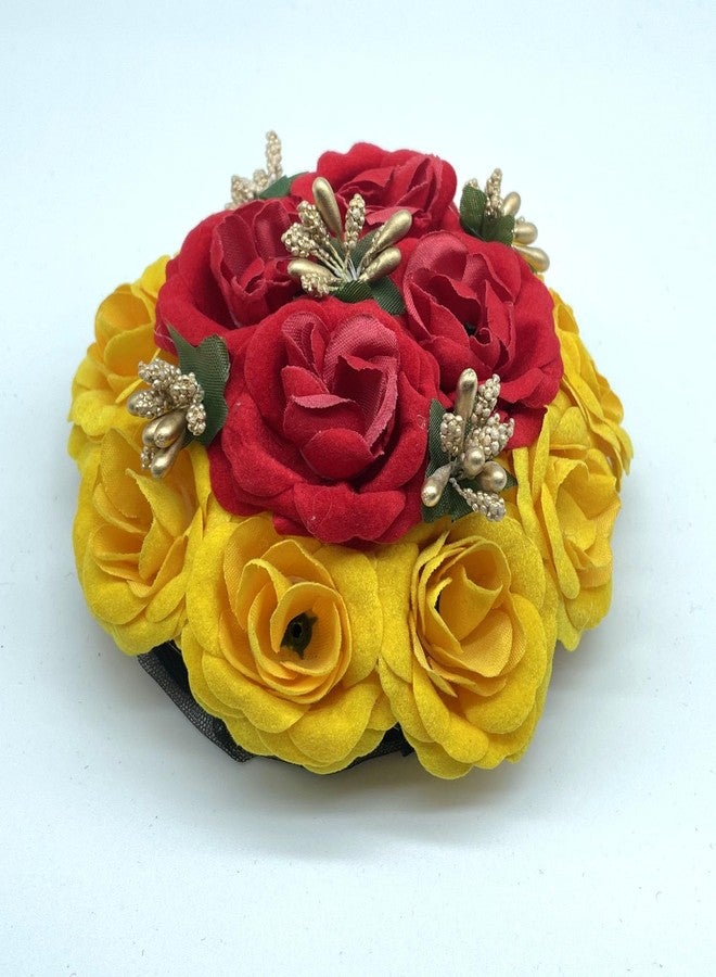 Maahal Artificial Flower Juda, Bridal/Gajra/Bun Hair Accessories For Women/Red&Yellow-Pack of 01 - Image 2