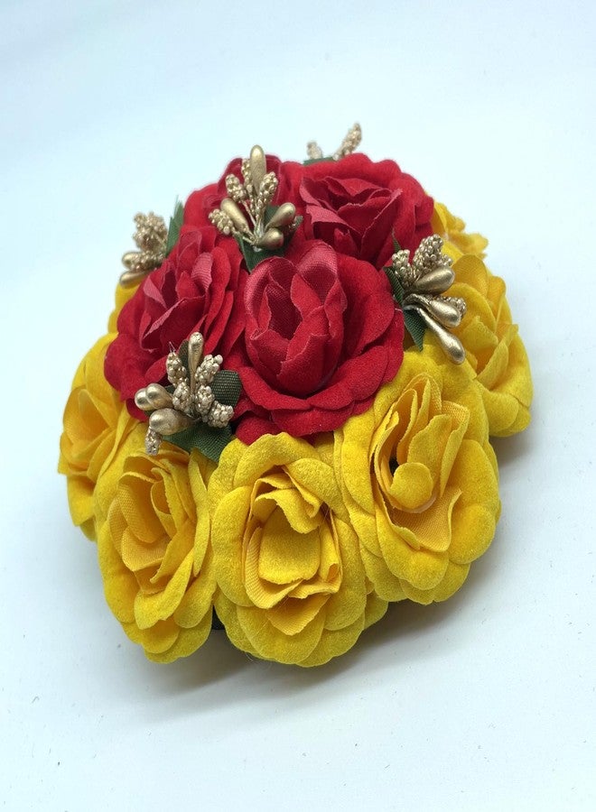 Maahal Artificial Flower Juda, Bridal/Gajra/Bun Hair Accessories For Women/Red&Yellow-Pack of 01 - Image 3