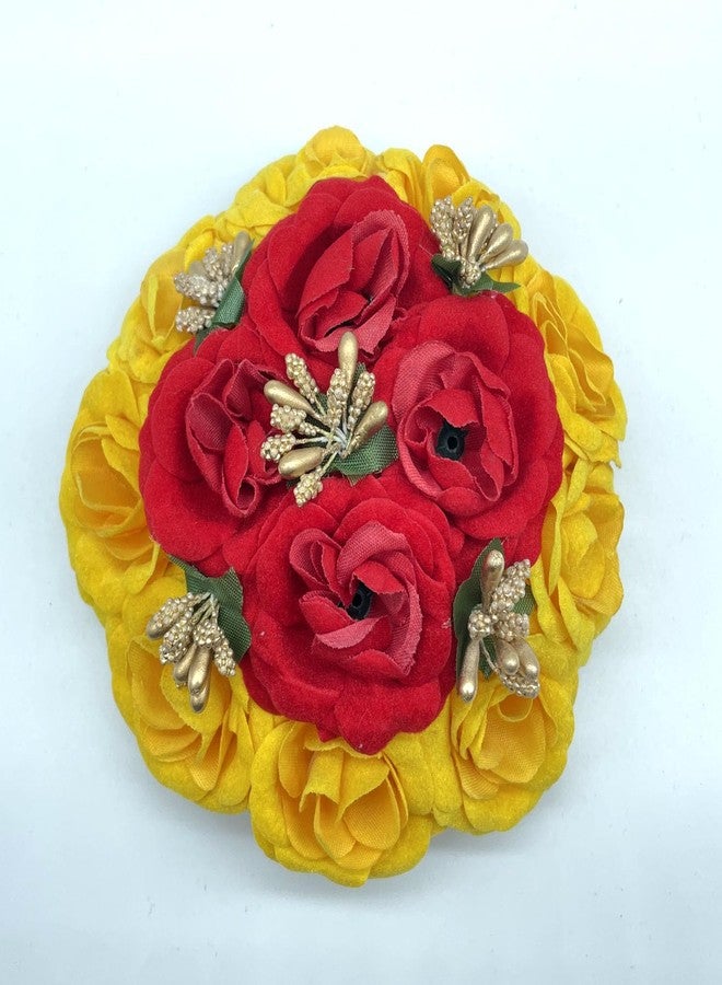 Maahal Artificial Flower Juda, Bridal/Gajra/Bun Hair Accessories For Women/Red&Yellow-Pack of 01 - Image 1