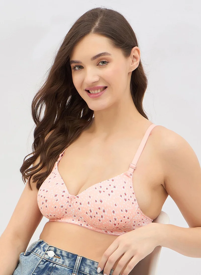 كلوفيا Clovia Padded Non-Wired Full Coverage Floral Print Multiway T-shirt Bra in Peach Colour - Cotton