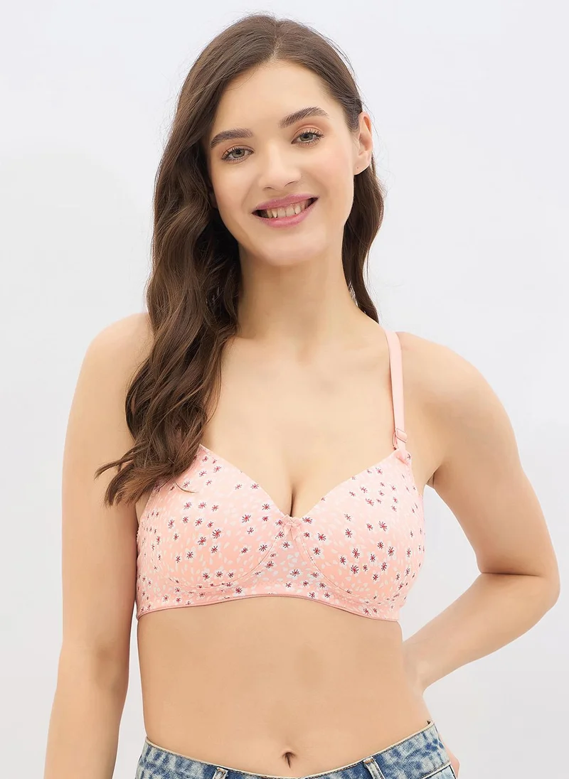 كلوفيا Clovia Padded Non-Wired Full Coverage Floral Print Multiway T-shirt Bra in Peach Colour - Cotton