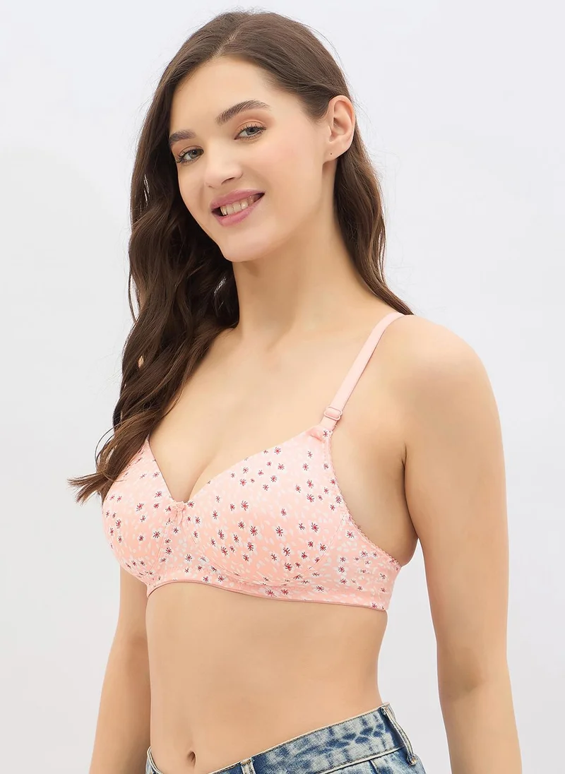 Clovia Peach Clovia Padded Non-Wired Full Coverage Floral Print Multiway T-shirt Bra in Peach Colour - Cotton for Women | Best Price UAE