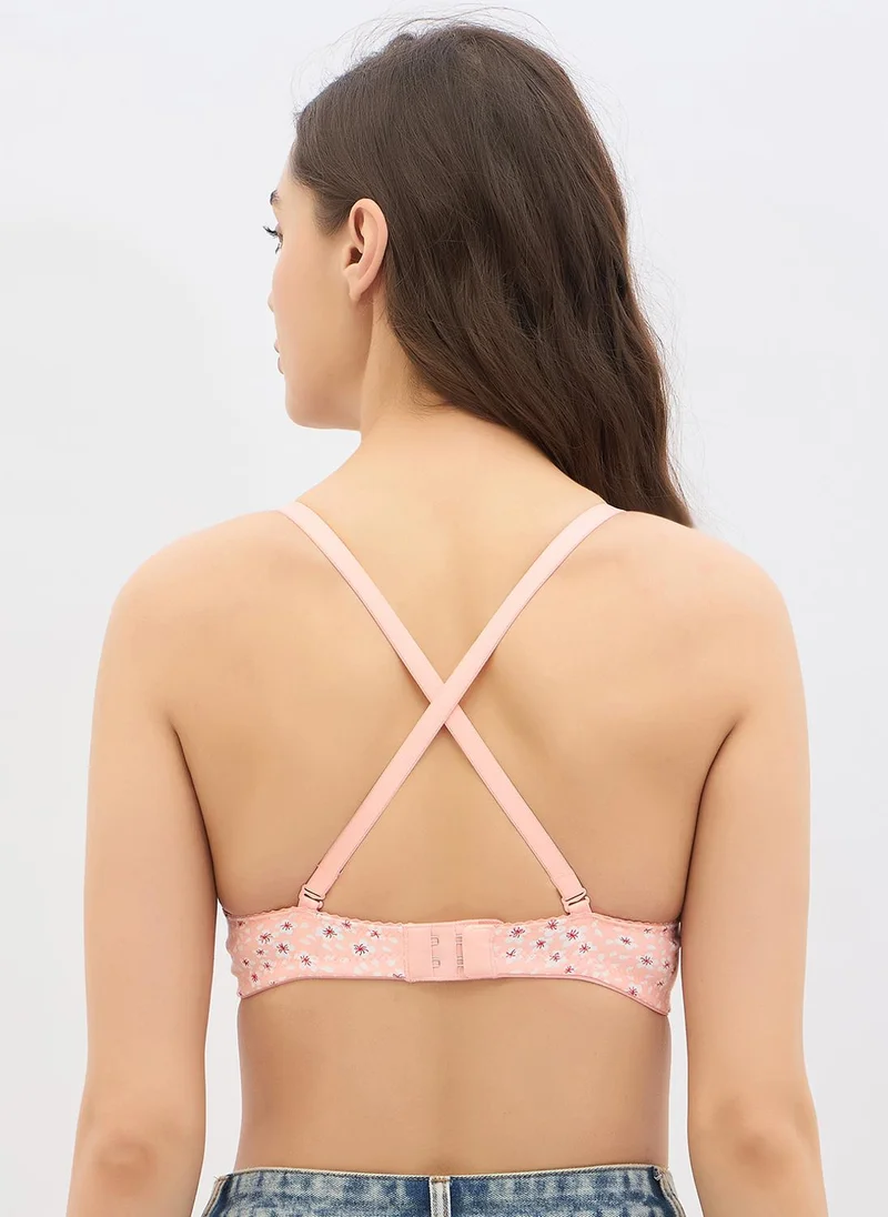 Clovia Peach Clovia Padded Non-Wired Full Coverage Floral Print Multiway T-shirt Bra in Peach Colour - Cotton for Women | Best Price UAE