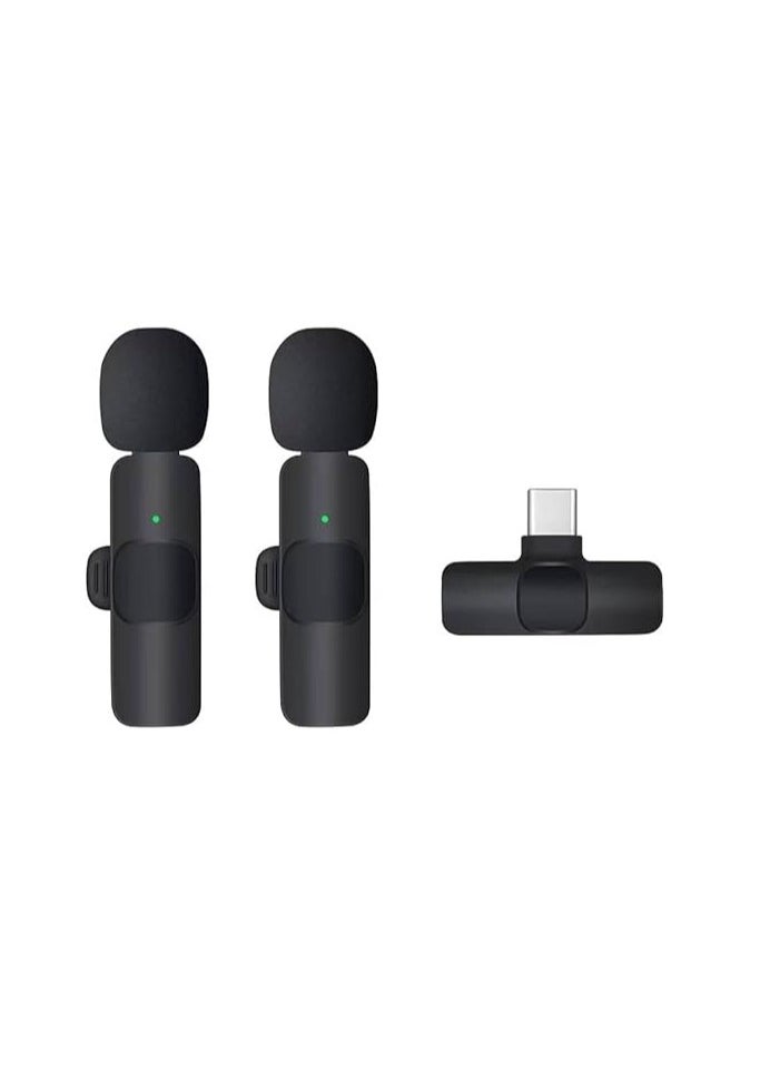 General Wireless Microphone Dual Lavalier Lapel Lapel Microphone, Plug and Play for Video Recording, Interviews, and YouTube Live Streaming Compatible with Android and iOS Type-C, Omnidirectional, Black