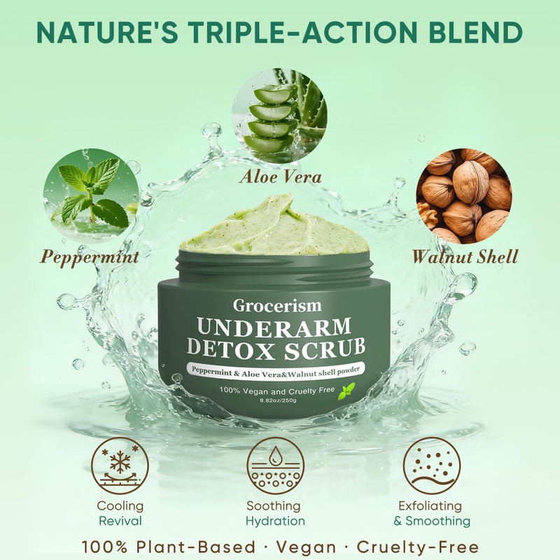 Grocerism Armpit Detox Scrub & Underarm Exfoliator - Walnut Shell, Menthol & Aloe Vera Body Scrub for Odor, Deodorant Buildup, and Dark Spots - Moisturizing Formula for Sensitive Skin, Vegan 8.8 oz - Image 3