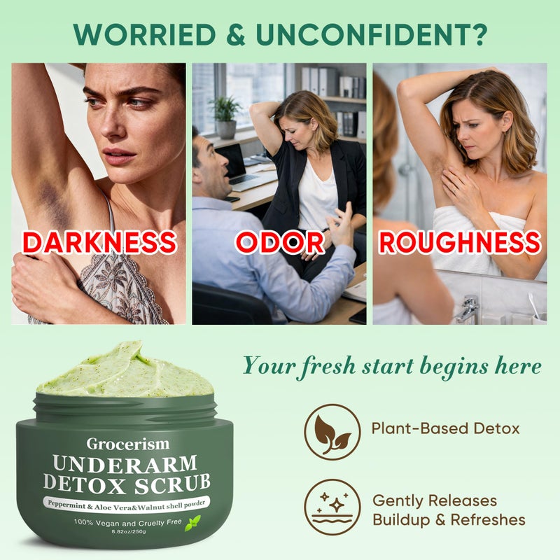 Grocerism Armpit Detox Scrub & Underarm Exfoliator - Walnut Shell, Menthol & Aloe Vera Body Scrub for Odor, Deodorant Buildup, and Dark Spots - Moisturizing Formula for Sensitive Skin, Vegan 8.8 oz - Image 2