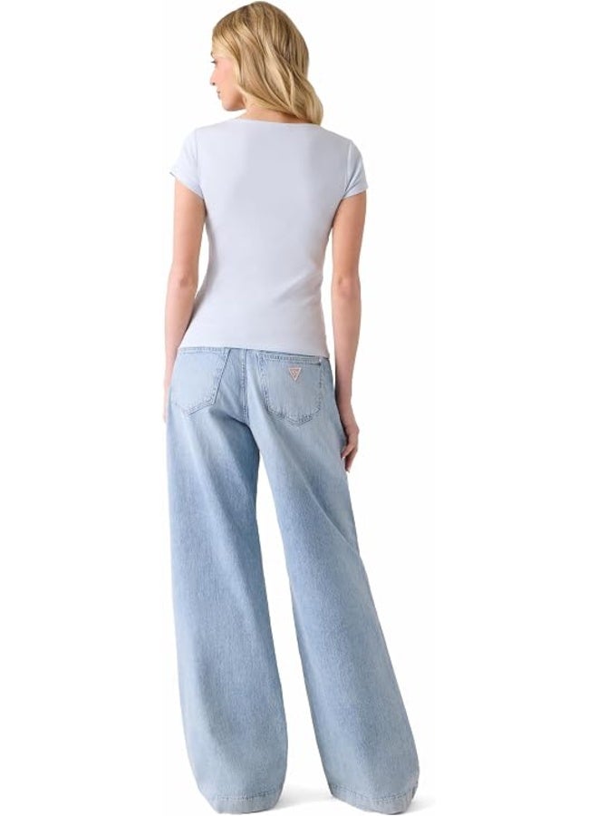 جس تيشيرت نسائي قصير الأكمام من GUESS طراز Kaylee Rib Henley، لون هيليوم - Image 5