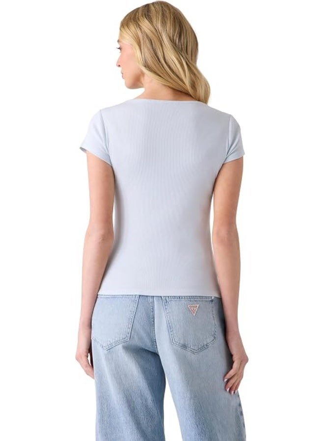 جس تيشيرت نسائي قصير الأكمام من GUESS طراز Kaylee Rib Henley، لون هيليوم - Image 3