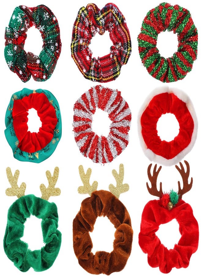 WJIAAA 9PCS Christmas Hair Scrunchies for Women, Soft Elastic Hair Bands with Santa Claus Snowman Elk Bell Christmas Tree Snowflake Patterns Festive Ponytail Holders - Image 1