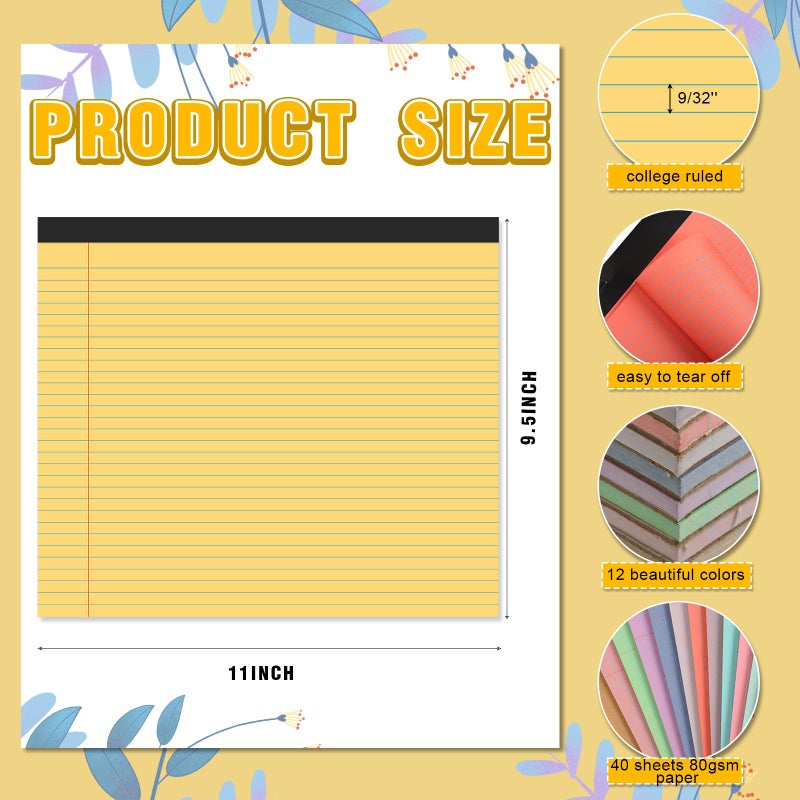 Lincia 12 Pcs 11" x 9.5" Legal Pads College Ruled Notepad Landscape Notebook Horizontal Lined Notebook 80 Gsm Assorted Colors Paper Pastel Writing Pads for School Office, 40 Sheet (Bright Color) - Image 2