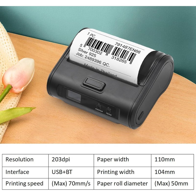 110mm Portable Thermal Receipt Printer, Wireless BT USB POS Printer, 203dpi Clear Print for Small Business Market Grocery Store, Supports Continuous Paper, Multilanguage - Image 2