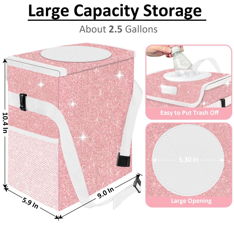 BAOGCOYO Cute Mini Car Trash Bag with Lid, Glitter Garbage Can Bin Hanging for Back/Front Seat/Console, Waterproof, Leakproof, 2.5 Gallon, Pink Bling Sparkly - Image 2