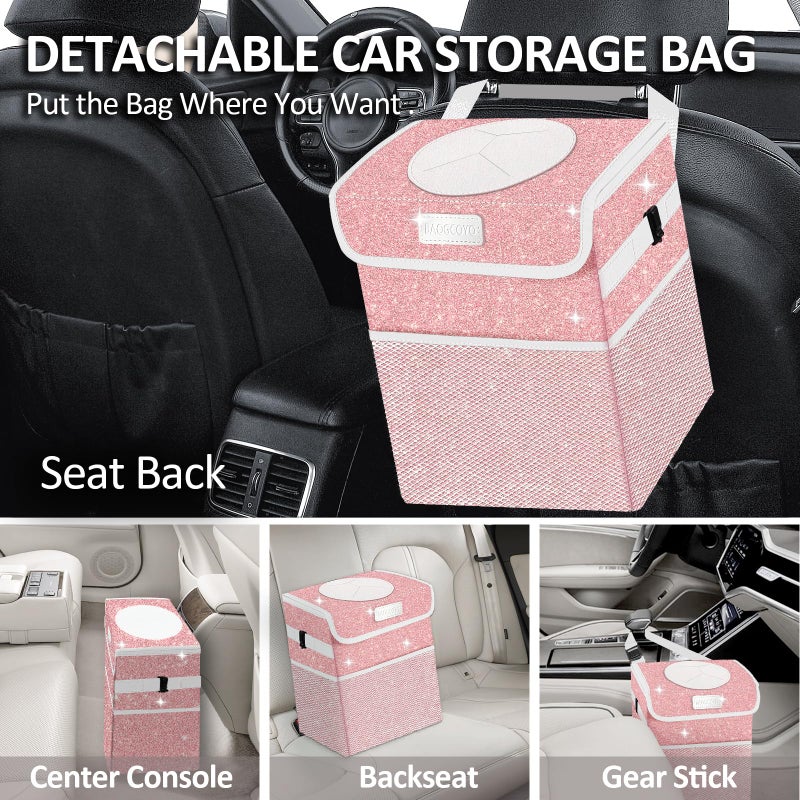 BAOGCOYO Cute Mini Car Trash Bag with Lid, Glitter Garbage Can Bin Hanging for Back/Front Seat/Console, Waterproof, Leakproof, 2.5 Gallon, Pink Bling Sparkly - Image 3