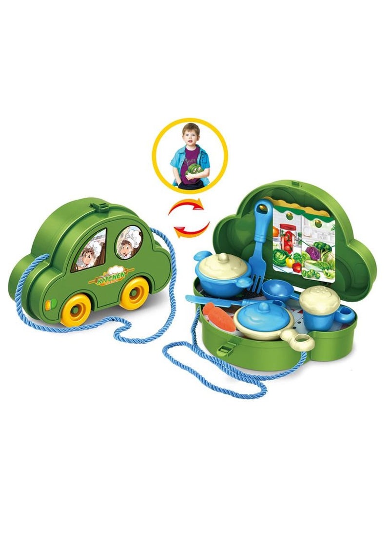 Swift 2 in 1 Car Design Kitchen Toy Convertible Into Tableware Pretend Cooking Food Play Dinnerware Set Safe Cute Children Girl Toy Gift Fun Game Toy Kitchen Green  - Image 1