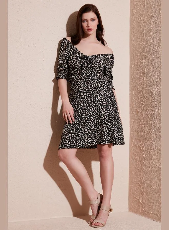 Lela Lela Front Gathered V-Neck Dress with Embellished Sleeves Women's Dress 5865070