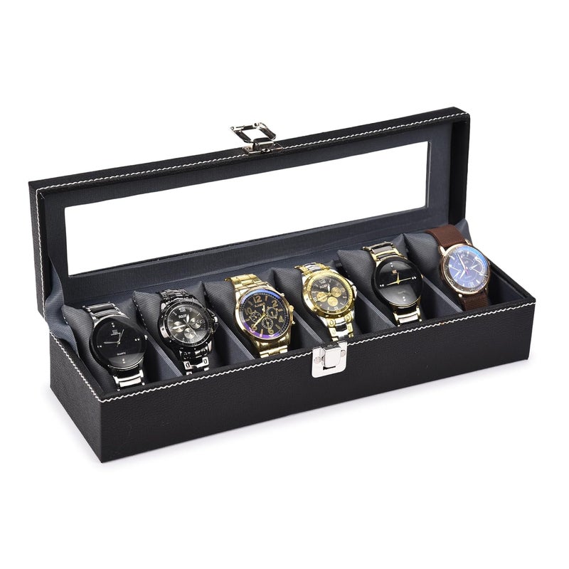 STORESHINE Men's and Women's Leatherette Watch organizer holder Case for 6 Watches, Removable Watch Pillows, Watch Box Holder, Gift for Loved Ones (Grey::Black) - Image 1