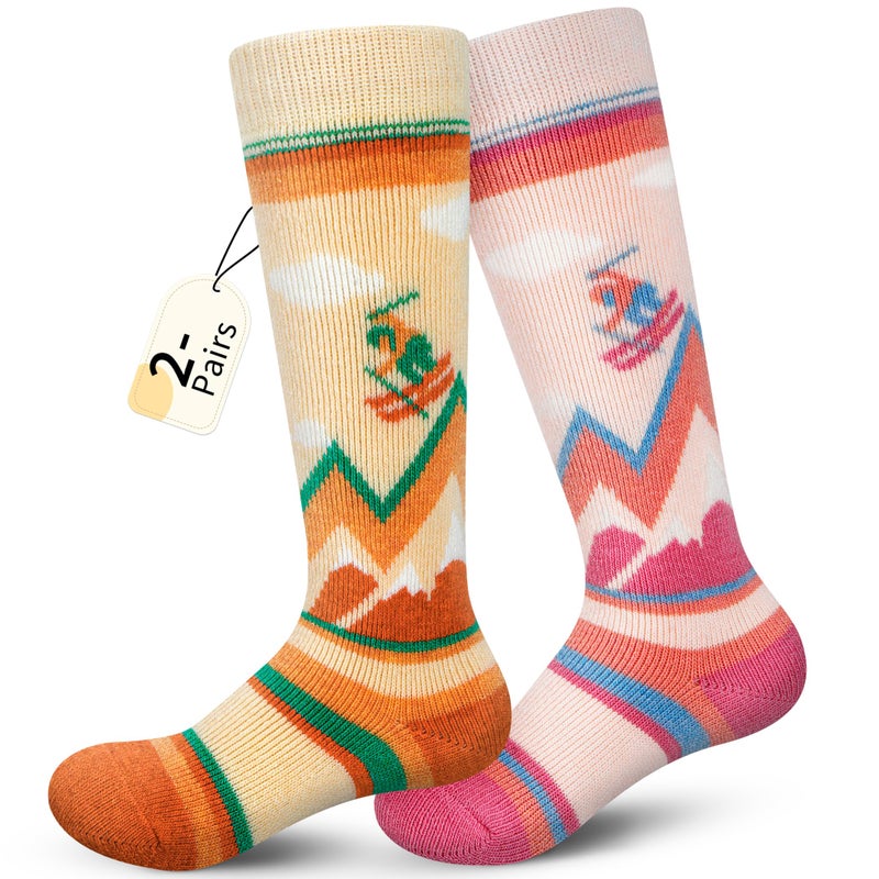unenow Merino Wool Ski Socks Kids 2 Pairs, Winter Warm Snowboarding Thermal Socks for Boys Girls Toddlers - Image 1