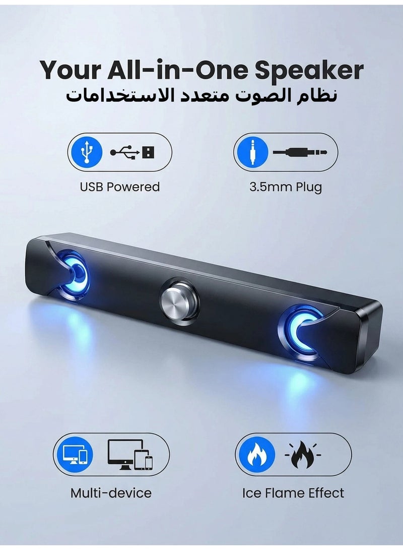 Flushrenic Computer speaker, desktop bar speaker, subwoofer speaker, USB powered 3.5mm audio interface, dual speaker design knob, multi device volume control, compatible with ice flame lighting effect, size approximately 12.6x2.6x2.4 inches, black wired speaker - Image 1