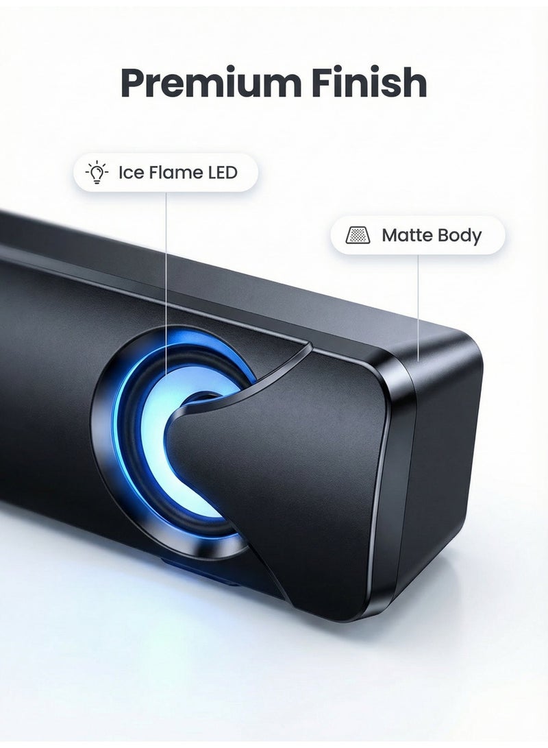 Flushrenic Computer speaker, desktop bar speaker, subwoofer speaker, USB powered 3.5mm audio interface, dual speaker design knob, multi device volume control, compatible with ice flame lighting effect, size approximately 12.6x2.6x2.4 inches, black wired speaker - Image 3