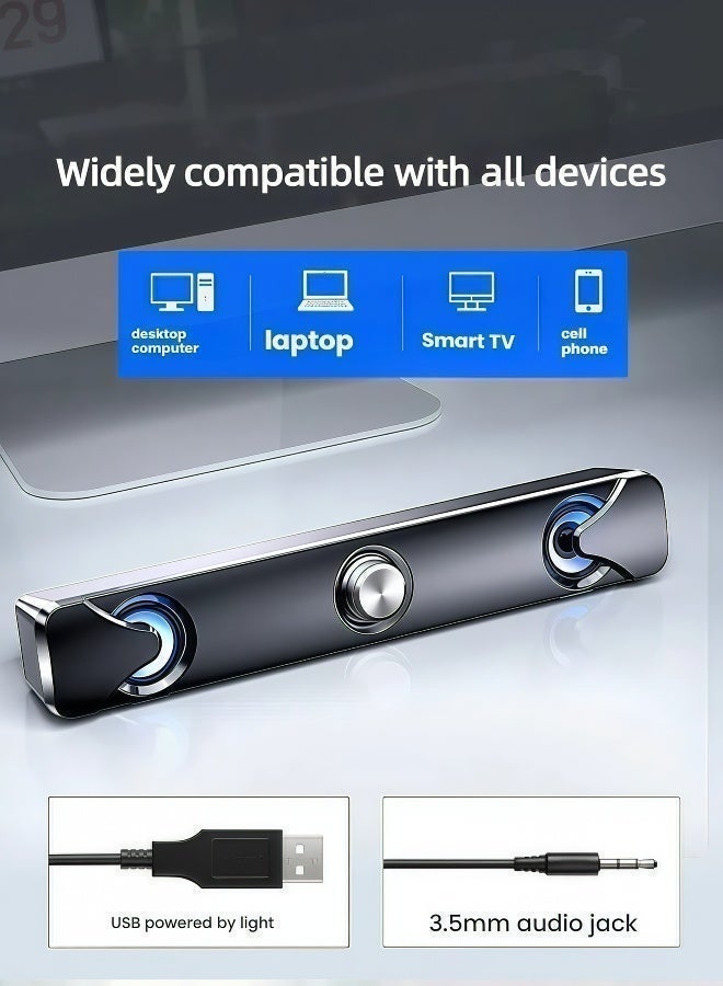 Flushrenic Computer speaker, desktop bar speaker, subwoofer speaker, USB powered 3.5mm audio interface, dual speaker design knob, multi device volume control, compatible with ice flame lighting effect, size approximately 12.6x2.6x2.4 inches, black wired speaker - Image 4