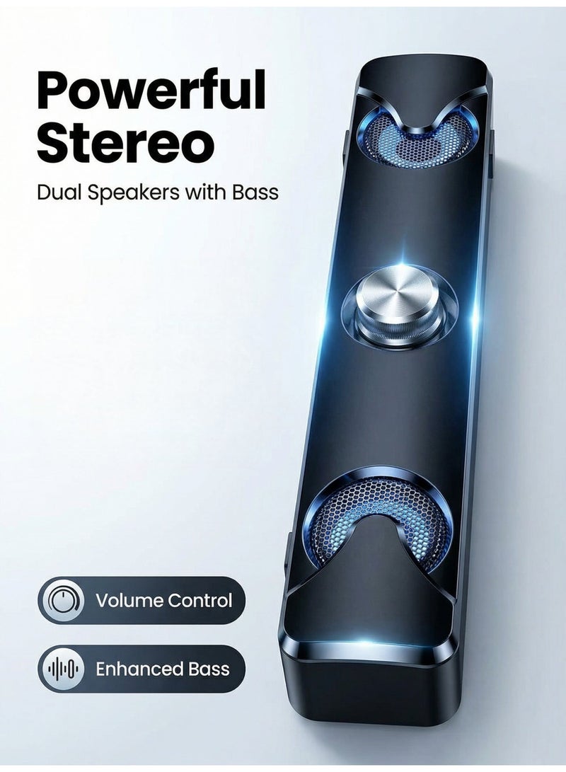 Flushrenic Computer speaker, desktop bar speaker, subwoofer speaker, USB powered 3.5mm audio interface, dual speaker design knob, multi device volume control, compatible with ice flame lighting effect, size approximately 12.6x2.6x2.4 inches, black wired speaker - Image 2