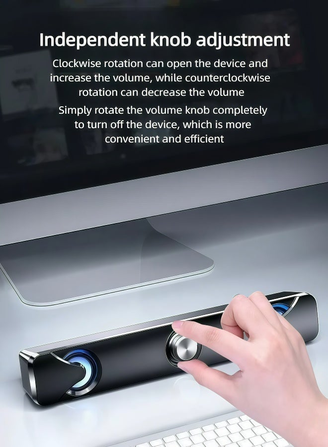 Flushrenic Computer speaker, desktop bar speaker, subwoofer speaker, USB powered 3.5mm audio interface, dual speaker design knob, multi device volume control, compatible with ice flame lighting effect, size approximately 12.6x2.6x2.4 inches, black wired speaker - Image 5