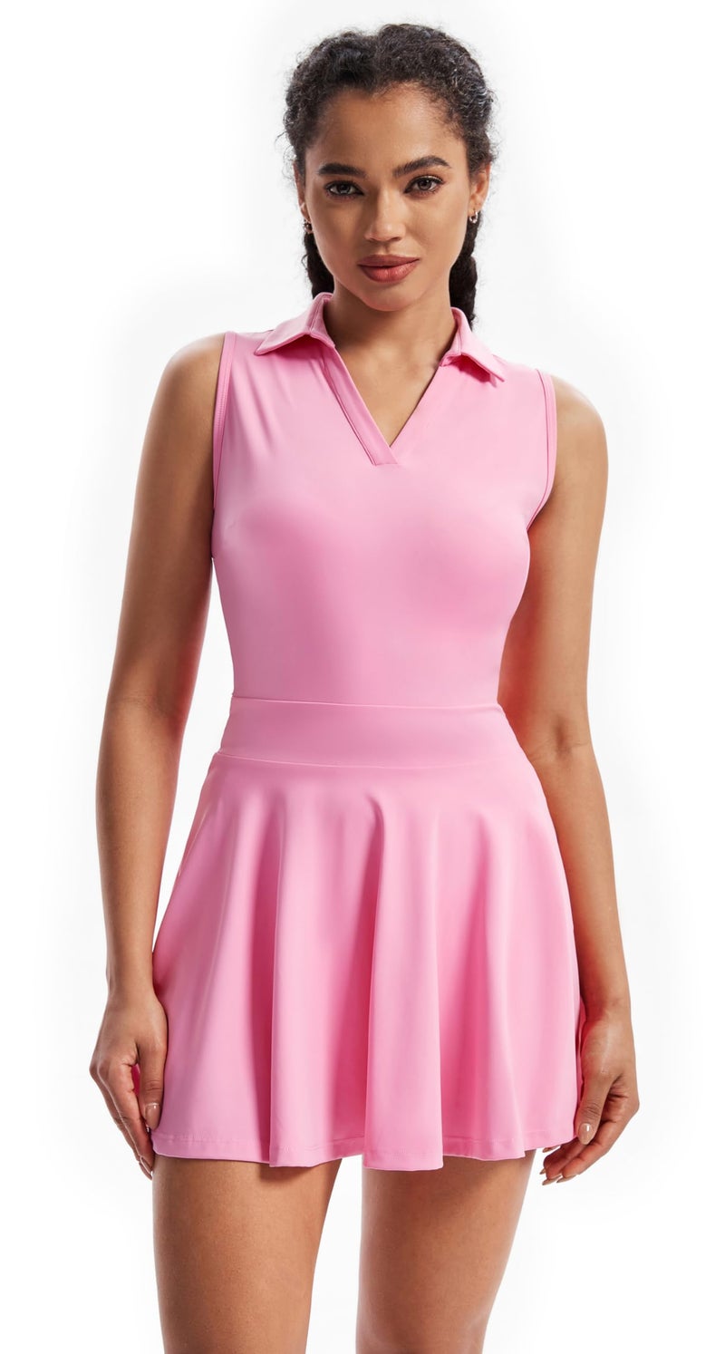 Blaosn Flowy Athletic Dress for Women Workout Golf Tennis Active Wear Mini Sun Dresses with Shorts Pockets Teen Girls Cute Trendy Clothes Casual Summer Beach Going Out Outfits(Pink,S) - Image 2