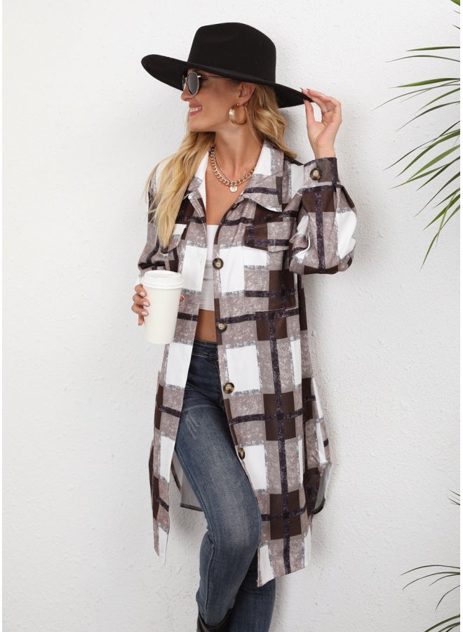 Autumn And Winter European And American Women's Clothing European Station Plaid Single-breasted Lapel Long Sleeve Coat