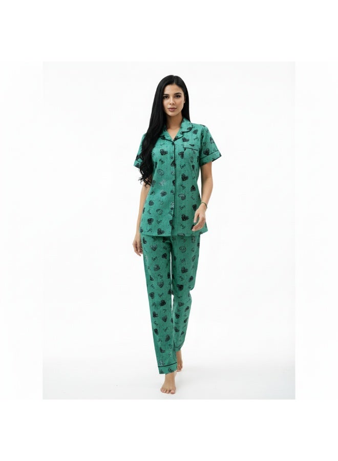 جوانا طقم بيجاما نسائي بتصميم قلوب، قميص بأزرار قصيرة وبنطال طويل، أخضر نعناعي، L - Image 1