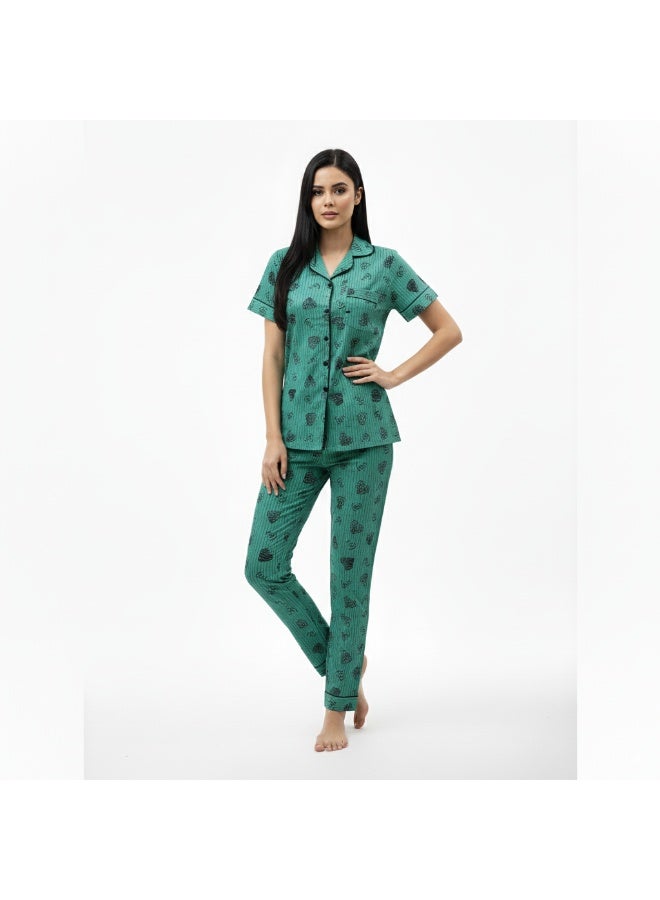 جوانا طقم بيجاما نسائي بتصميم قلوب، قميص بأزرار قصيرة وبنطال طويل، أخضر نعناعي، L - Image 4