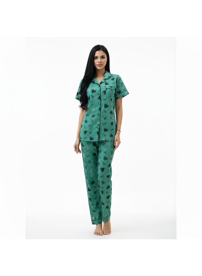 جوانا طقم بيجاما نسائي بتصميم قلوب، قميص بأزرار قصيرة وبنطال طويل، أخضر نعناعي، L - Image 3