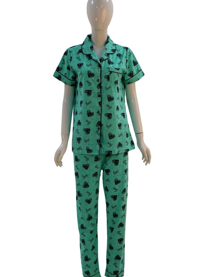 JOANNA JOANNA Women's Hearts Design Button Down Short Sleeve Shirt & Long Pants Pajama Set, Mint Green - Image 1