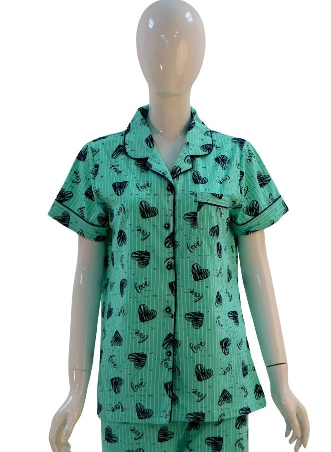 JOANNA JOANNA Women's Hearts Design Button Down Short Sleeve Shirt & Long Pants Pajama Set, Mint Green - Image 2