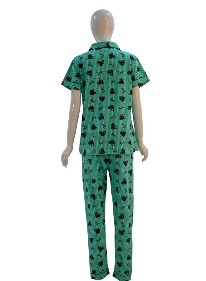 JOANNA JOANNA Women's Hearts Design Button Down Short Sleeve Shirt & Long Pants Pajama Set, Mint Green - Image 5