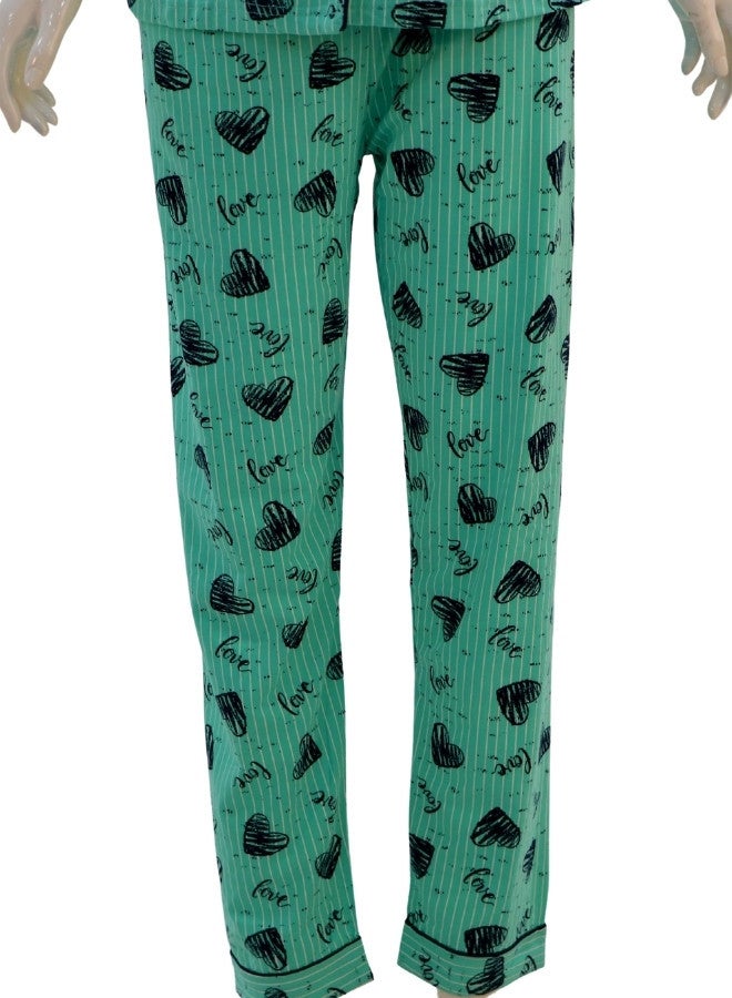 JOANNA JOANNA Women's Hearts Design Button Down Short Sleeve Shirt & Long Pants Pajama Set, Mint Green - Image 3