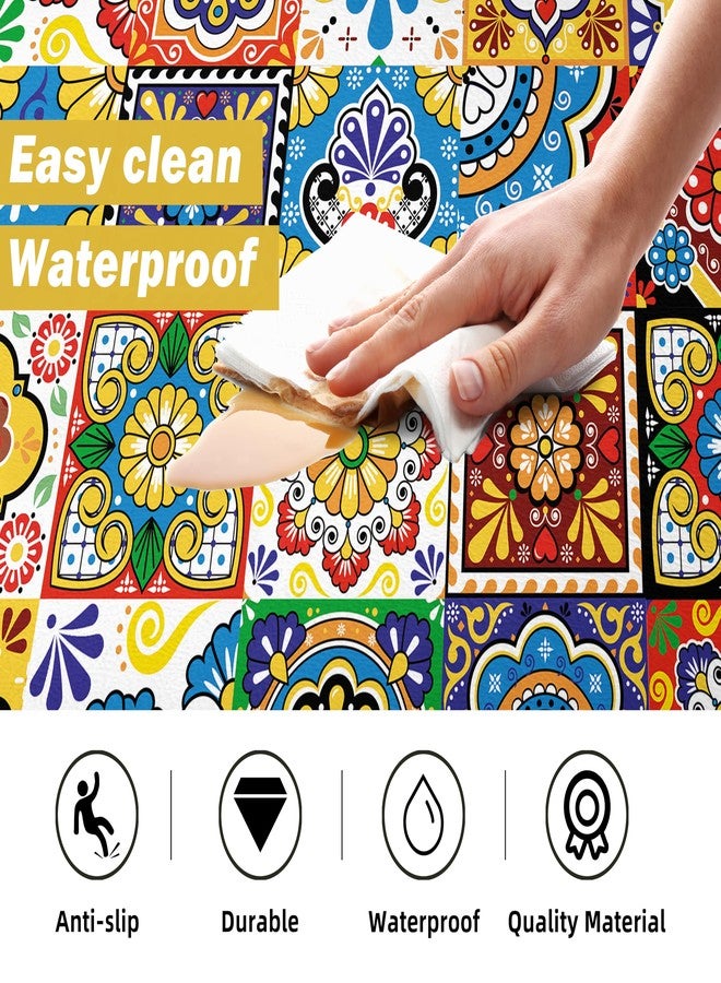 weesire Boho Kitchen Rugs Set 2 Memory Foam Colorful Ceramic Comfort Tile Floor Mat Anti Fatigue Non-Skid PVC Runner Rug Water & Oil Proof Carpet for Kitchen Laundry Sink,17.3x28+17.3x47 Inch, C4 - Image 4