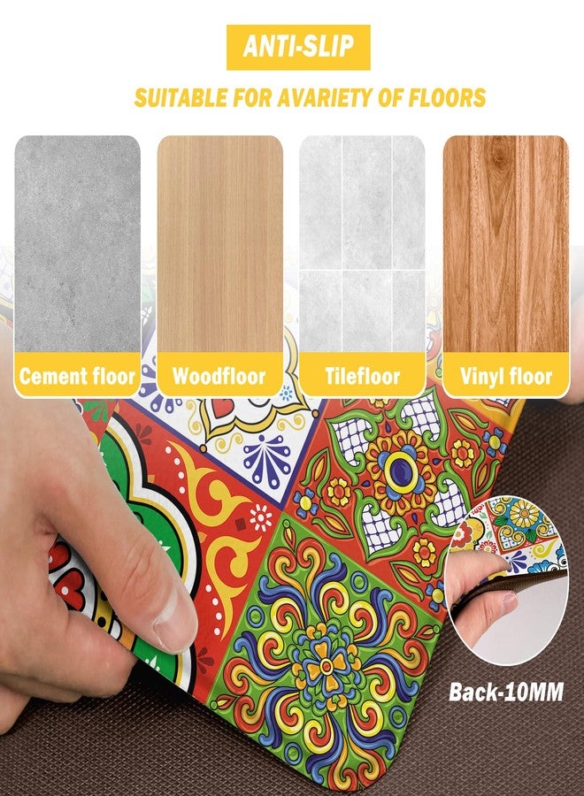 weesire Boho Kitchen Rugs Set 2 Memory Foam Colorful Ceramic Comfort Tile Floor Mat Anti Fatigue Non-Skid PVC Runner Rug Water & Oil Proof Carpet for Kitchen Laundry Sink,17.3x28+17.3x47 Inch, C4 - Image 5